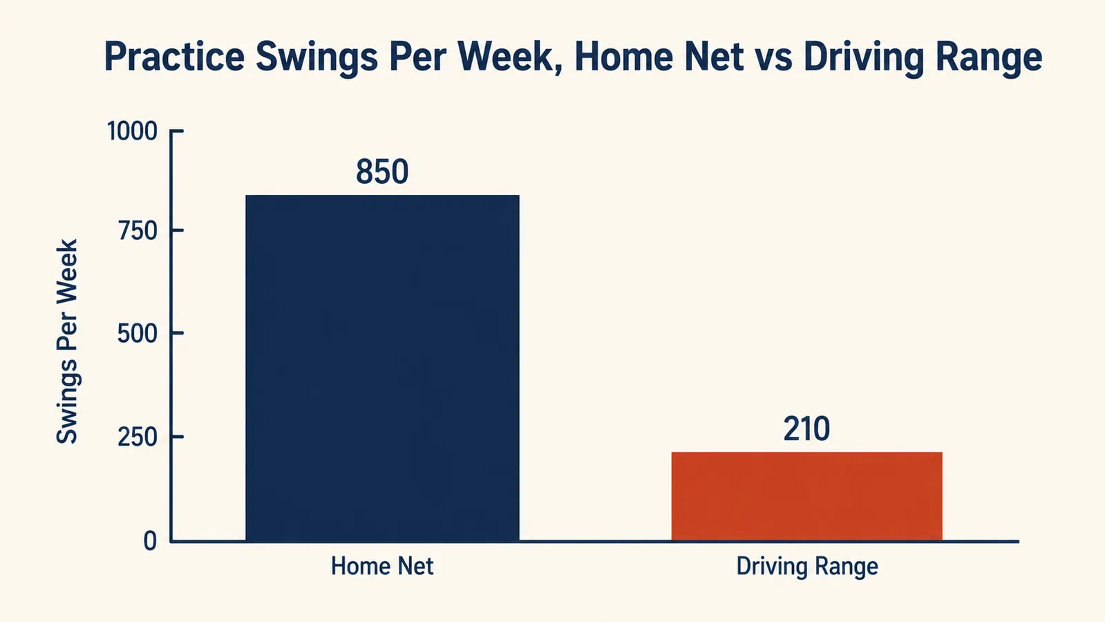 Bar chart comparing average practice swings per week at home versus at the driving range
