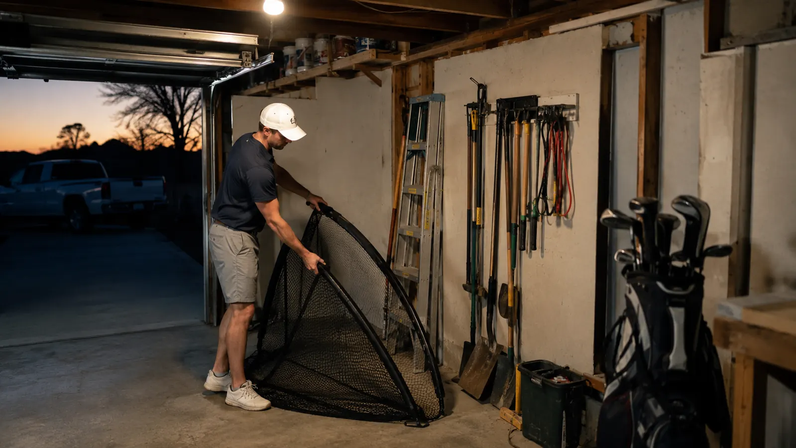 Golfer folding down a portable golf net frame on a garage floor at dusk