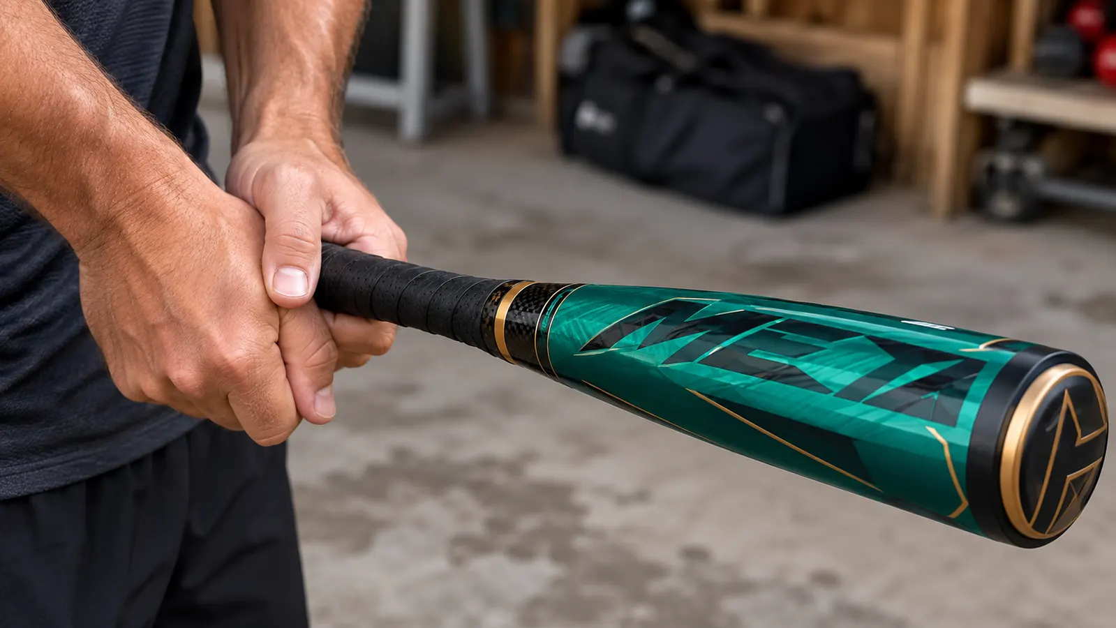 Close-up of hands gripping the BBCOR stamp on a Louisville Slugger Meta bat handle