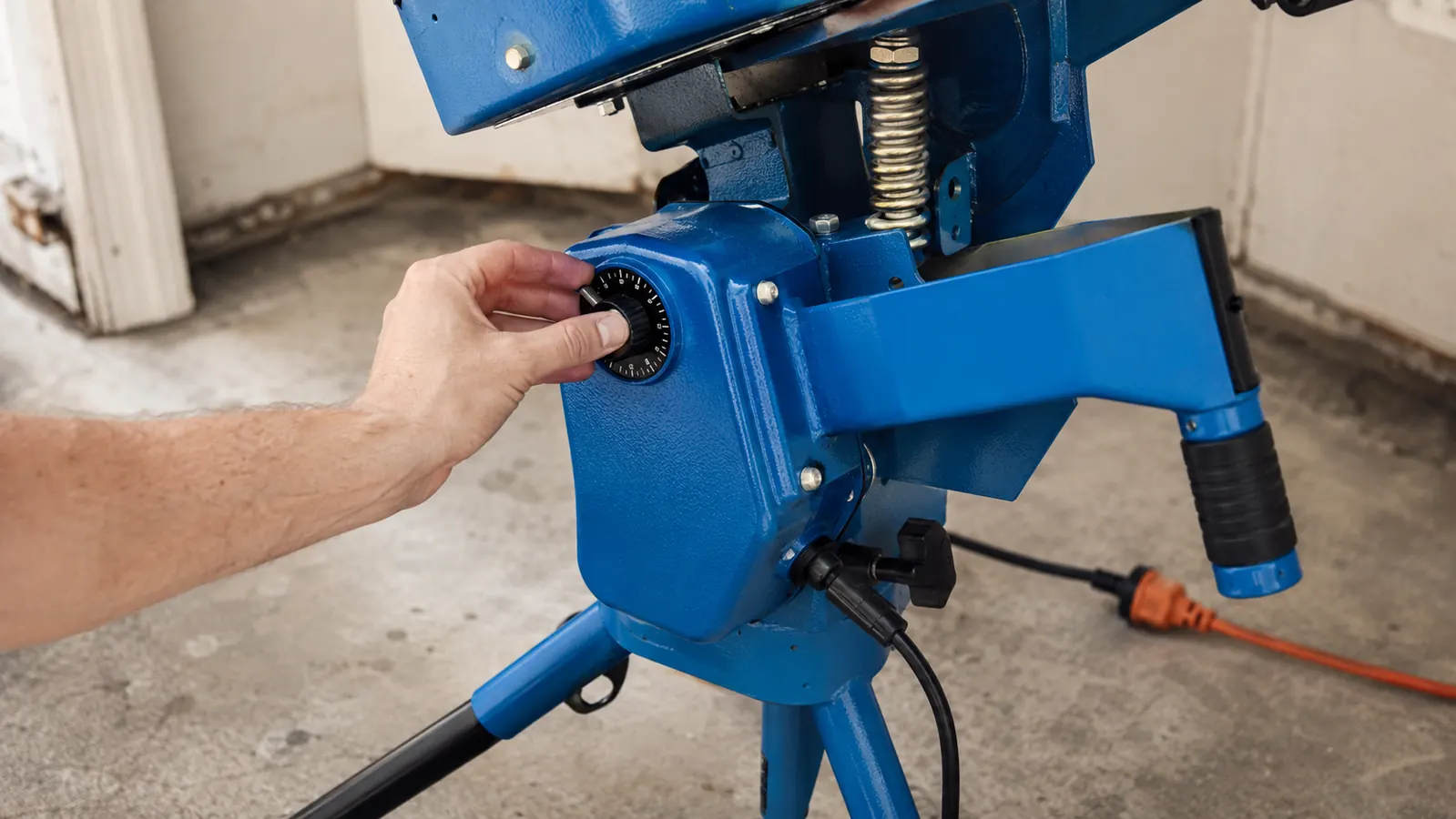 Hand adjusting the speed dial on a Louisville Slugger Blue Flame pitching machine