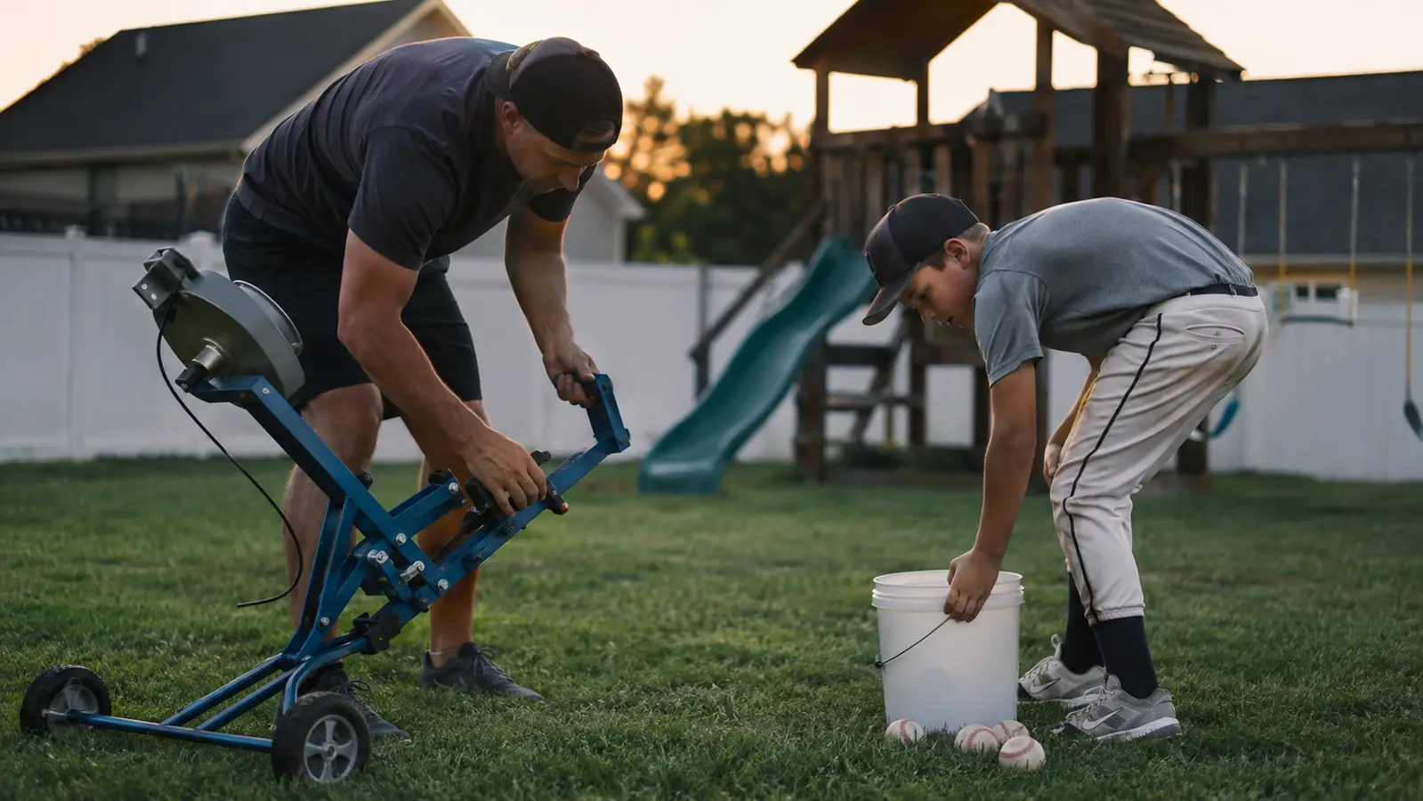 Parent and child packing up a pitching machine and bucket of practice balls after a backyard session