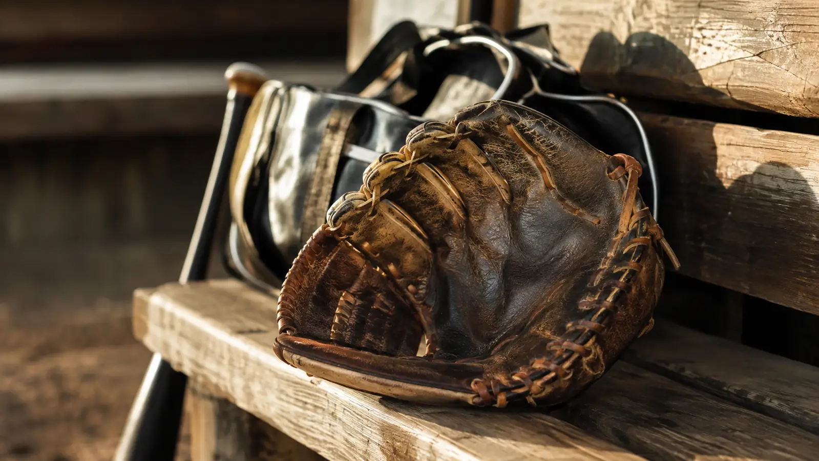 A worn-in leather baseball glove resting on a dugout bench next to a bat bag in late afternoon light