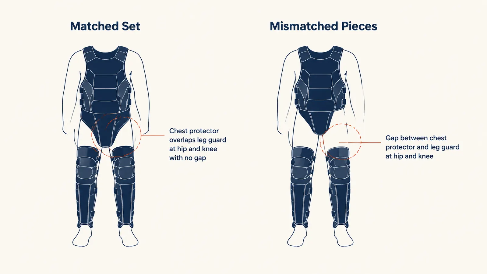 Diagram comparing coverage overlap between a matched catcher's set and mismatched separate pieces at the knee and hip