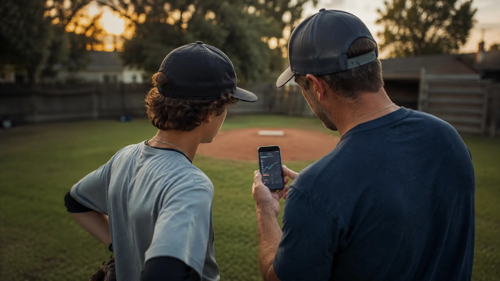 Parent and teenage pitcher reviewing velocity numbers on a phone screen next to the mound