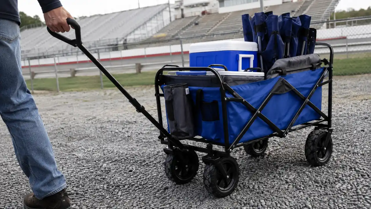 Hand pulling a folding wagon loaded with gear across a gravel parking lot toward a racetrack grandstand