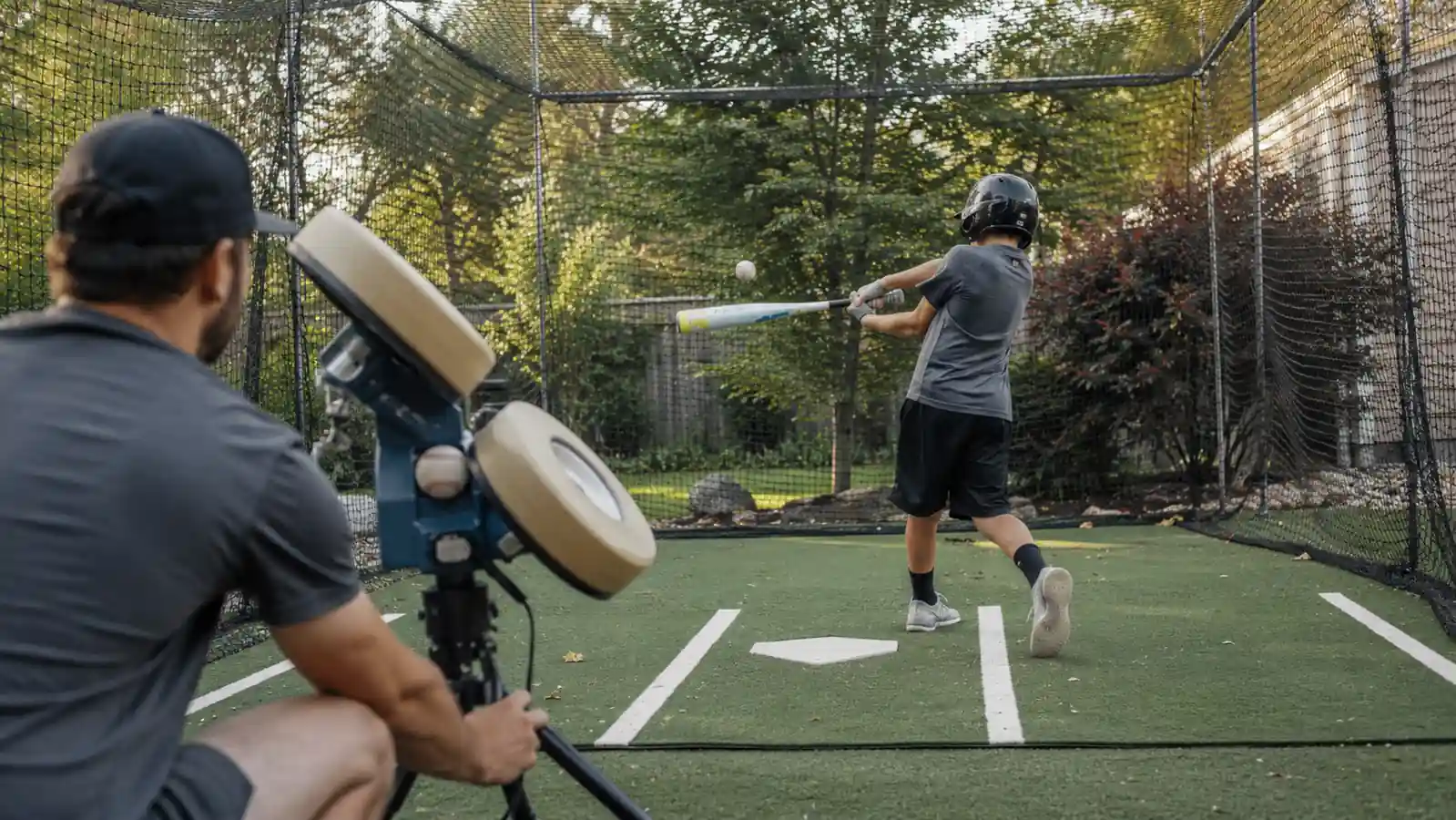 Young boy in a batting helmet swinging at a pitch from a machine in a backyard net