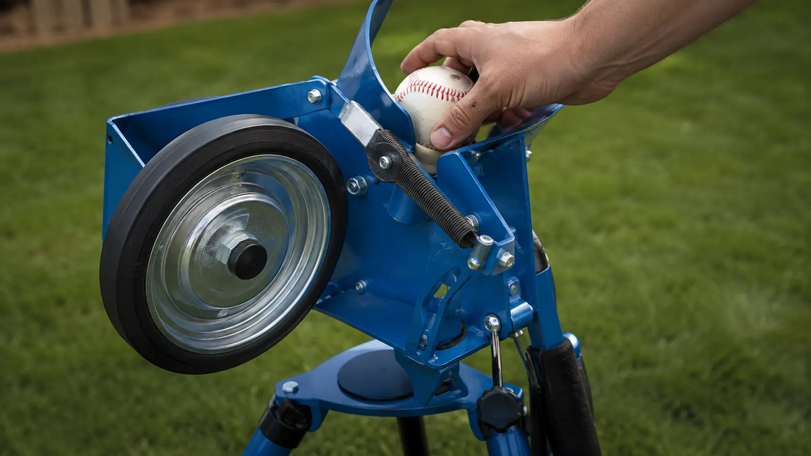 Hand dropping a baseball into the feed wheel of a portable pitching machine