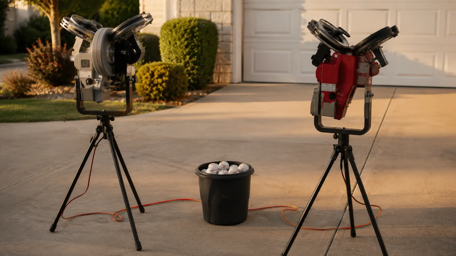 Two pitching machines, a Louisville Slugger Blue Flame and a Franklin Power Pitcher, set up side by side on tripods in a driveway