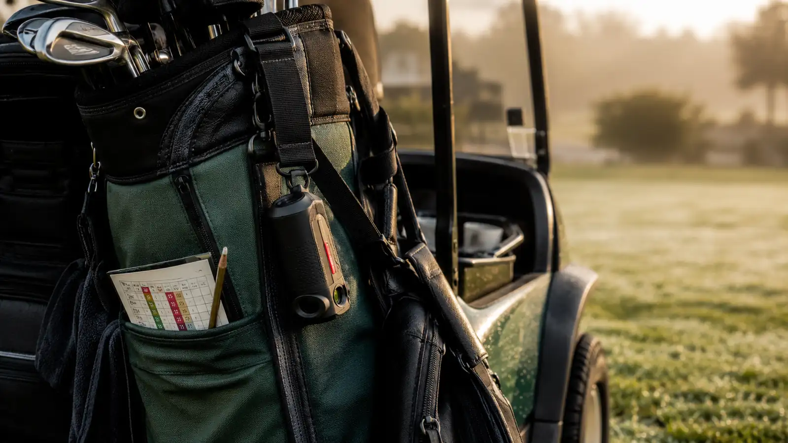 A golf bag leaning against a cart with a rangefinder clipped to the strap