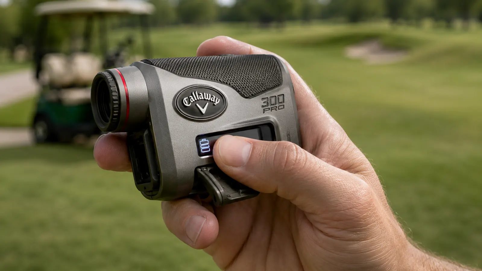 Hand holding the Callaway 300 Pro rangefinder showing the battery compartment door open on the bottom of the unit