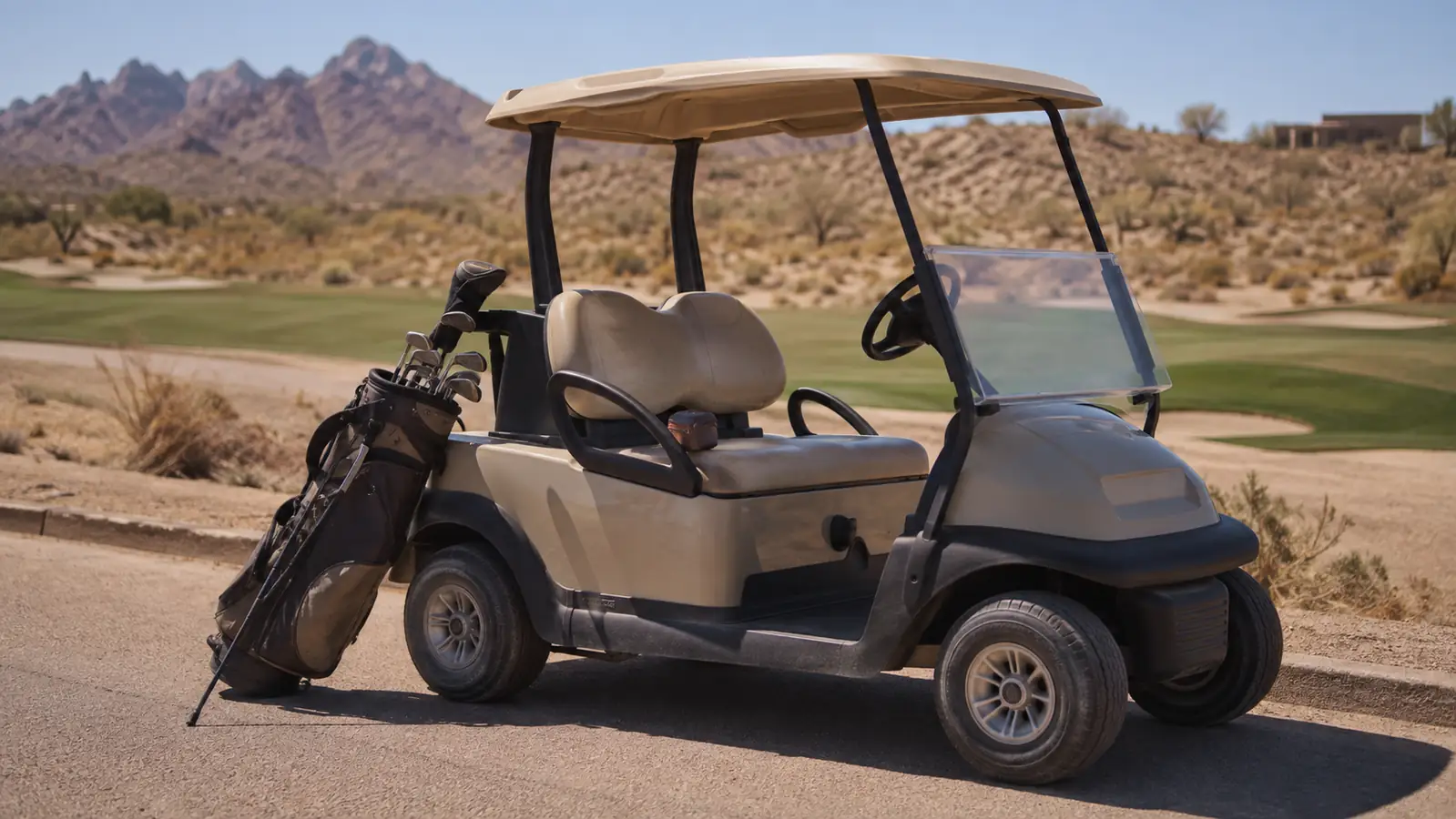 Golf cart parked in full sun on a desert course with a golf bag and rangefinder case visible on the seat