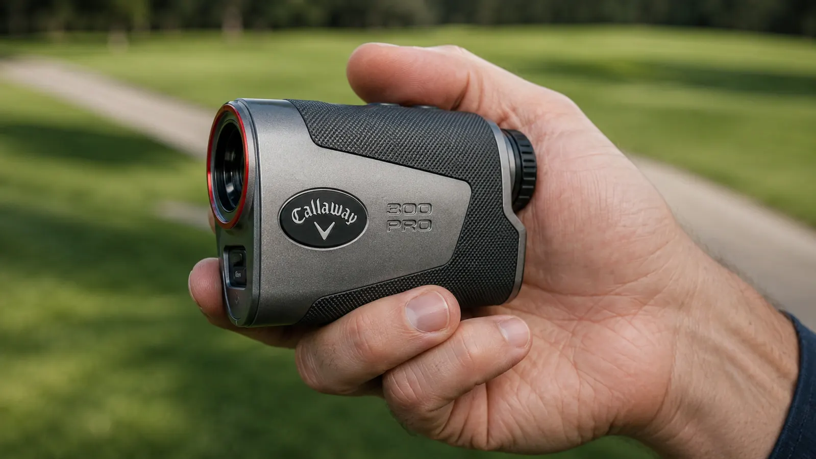 Hand holding the Callaway 300 Pro rangefinder with the external slope switch visible on the side