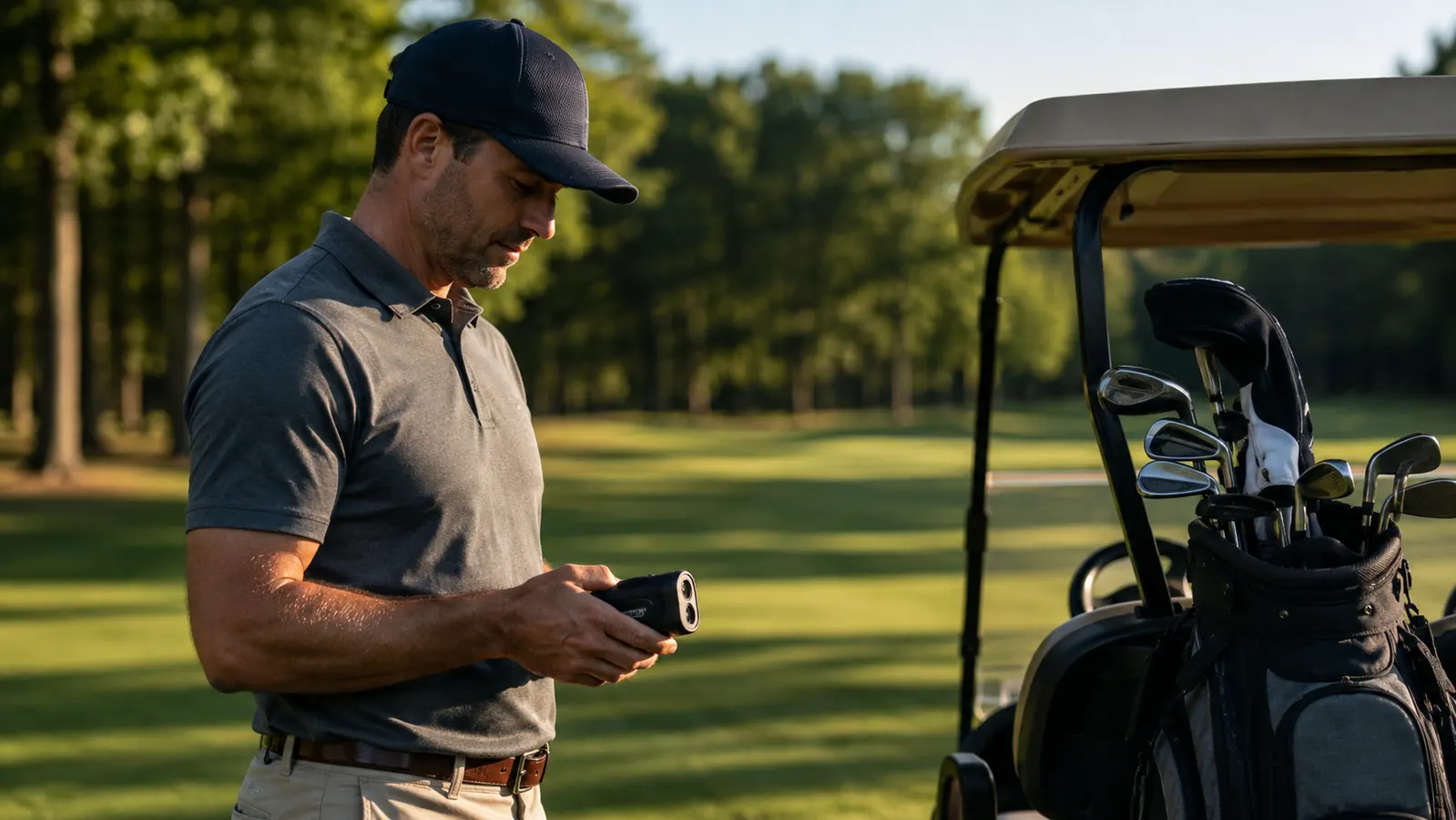 Golfer checking a rangefinder reading while standing over a golf bag near a cart on a course