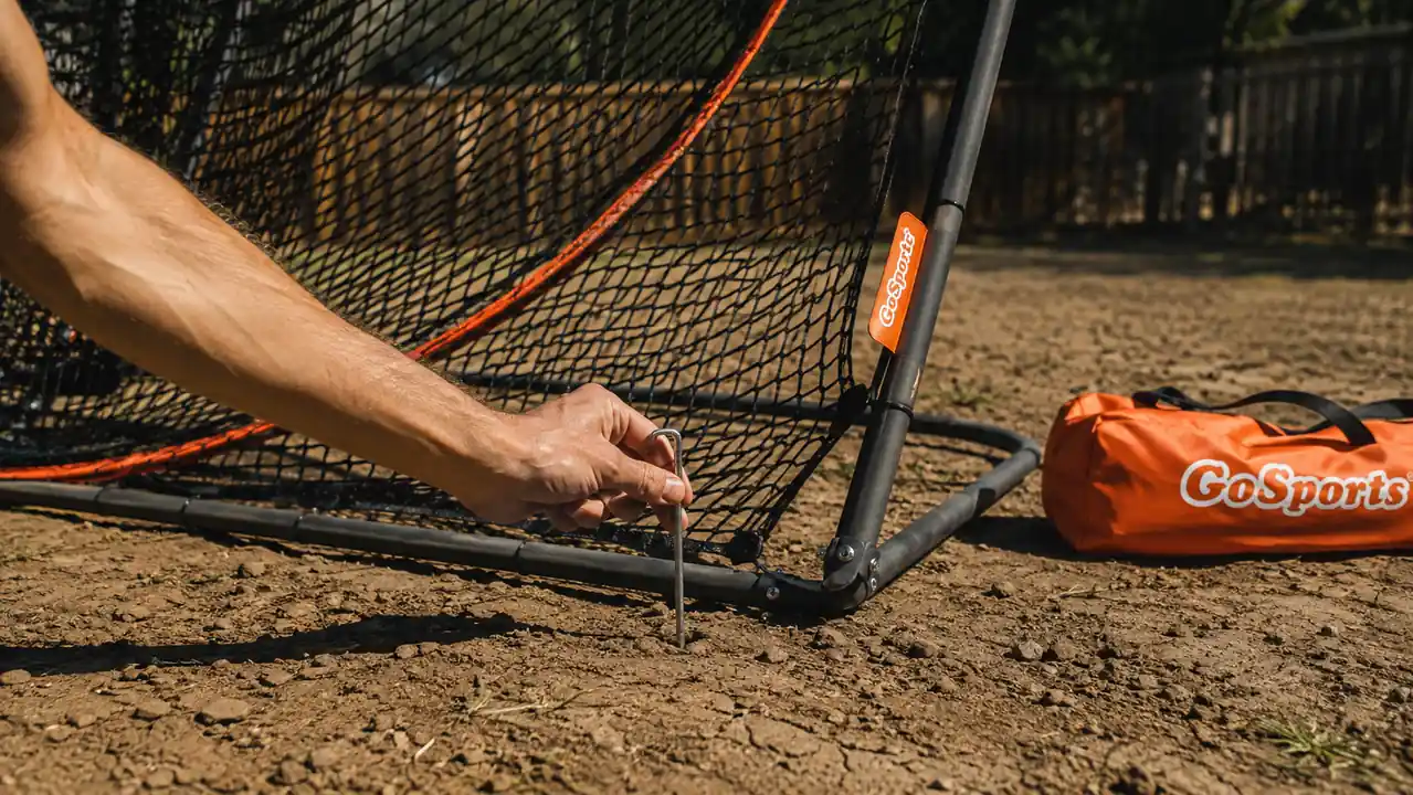 Hand tapping a bent metal ground stake back into hard clay soil next to the GoSports net's base