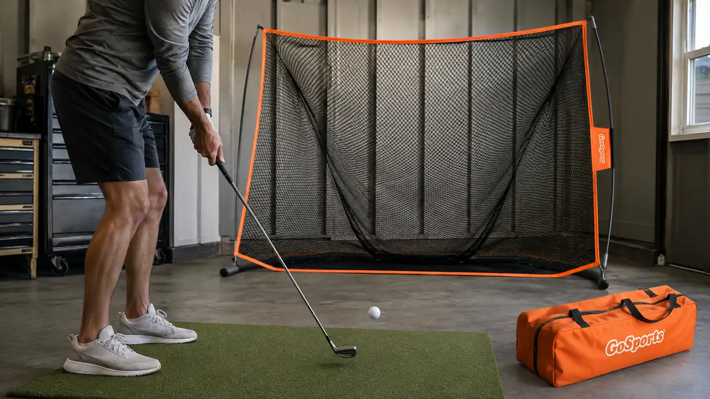 Hand gripping a wedge mid-downswing with a range ball rolling toward the GoSports net in a garage setting