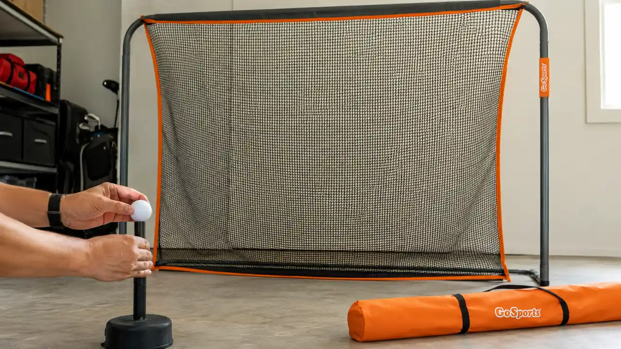 Hands positioning a golf ball on a foam tee in front of the GoSports net frame, close on the pole joints and netting weave
