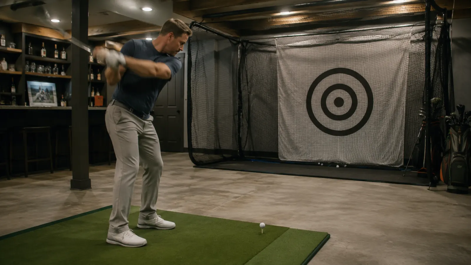 A heavier duty two-pole golf net with a target sheet set up in a finished basement, a driver mid-swing with motion blur