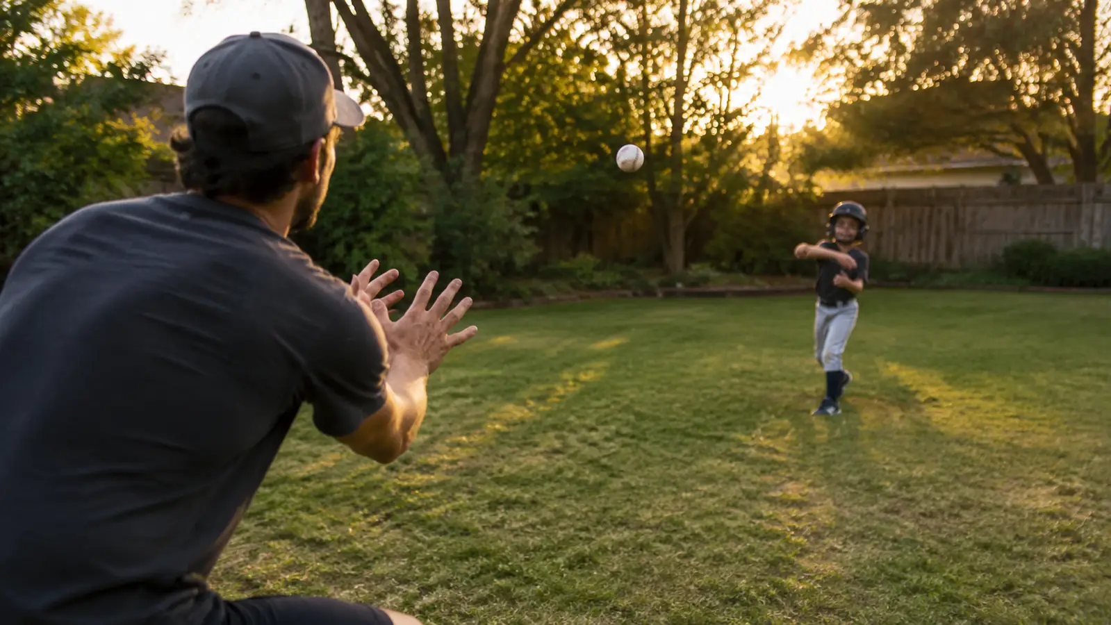 A kid and a parent playing catch in a backyard at dusk, both wearing gloves, ball mid-flight between them