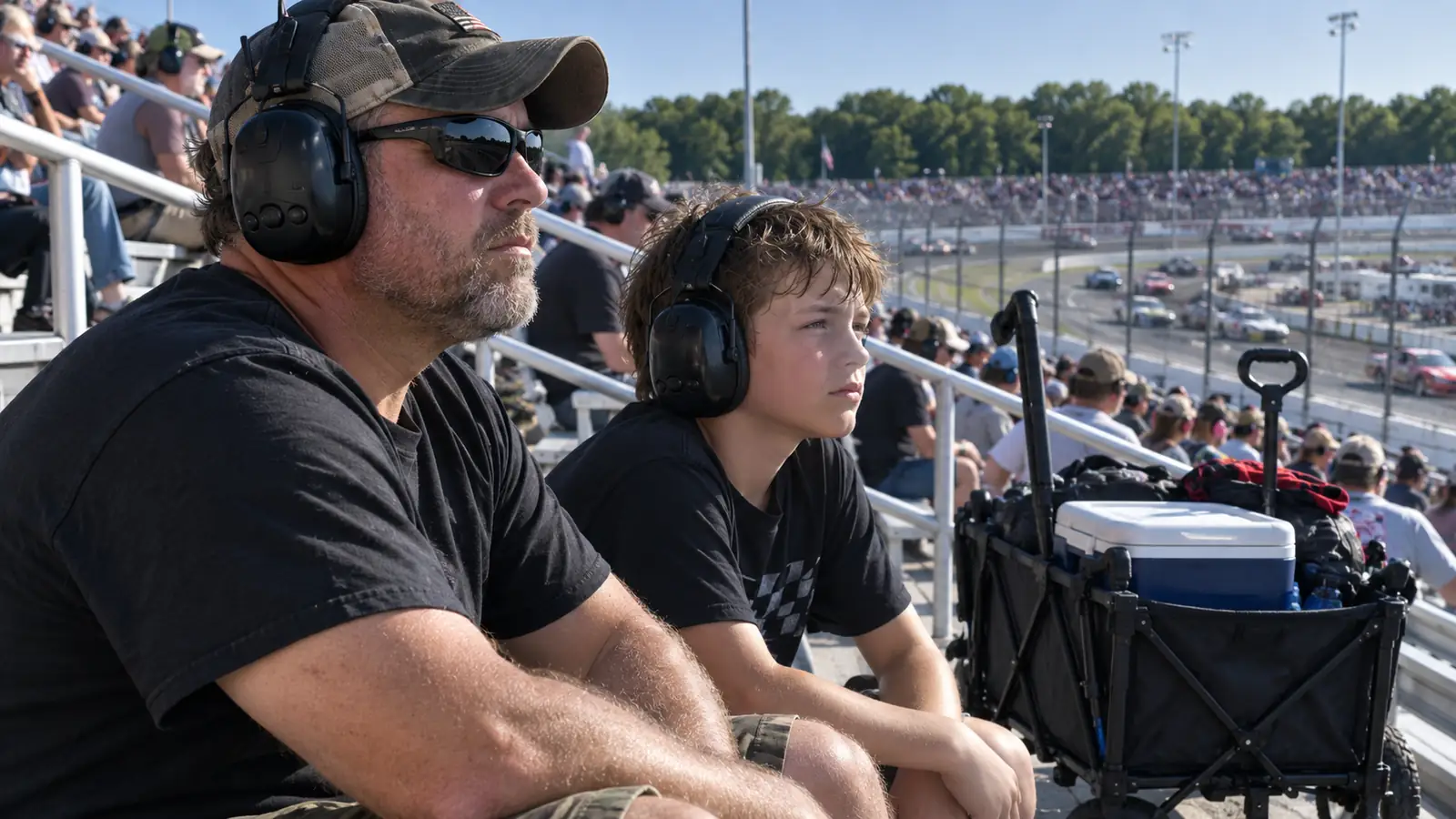 Parent and a young boy in matching earmuffs sitting in grandstand seats with a folding wagon parked beside them