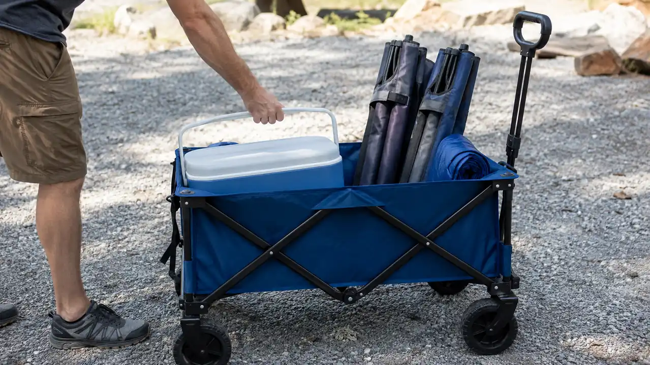 Hand setting a cooler into the bed of a folding wagon with camp chairs already loaded against the side rail