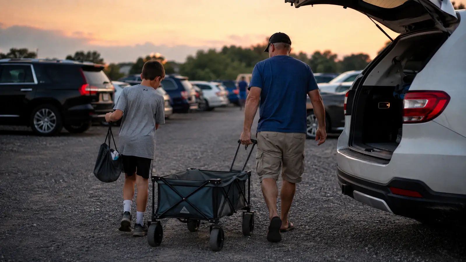 Dad pulling a folded-down wagon toward a parked SUV in a gravel lot at dusk with a tired kid walking beside him