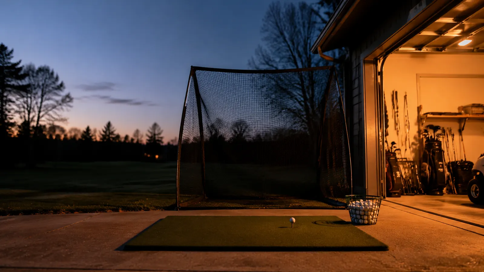 A practice mat, tee, and bucket of range balls set up in front of a golf net at dusk