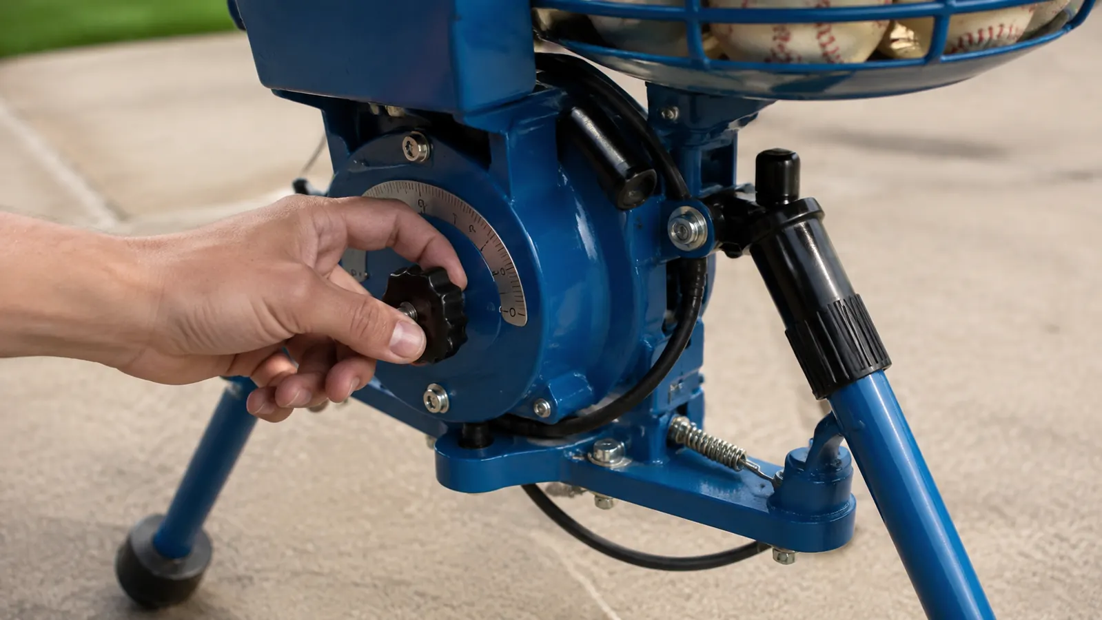 Hand adjusting the speed dial on a pitching machine wheel housing