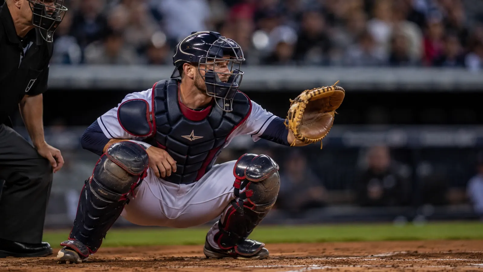A youth catcher crouched behind home plate in a full, well-fitted protective set with no visible gaps at the knees or waist