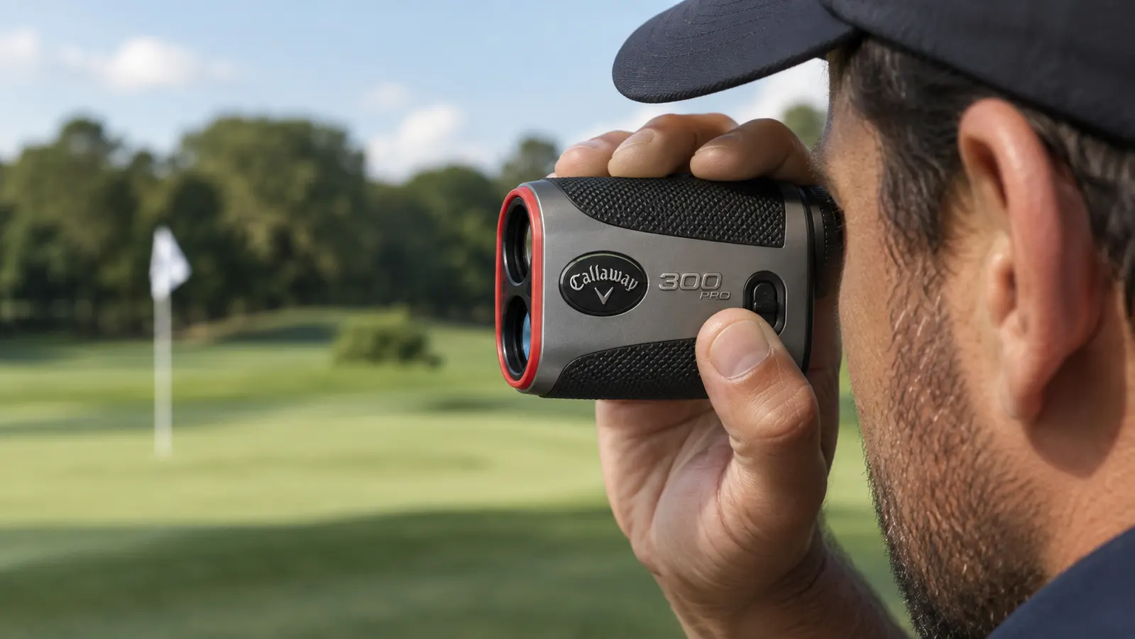 Close-up of a hand holding a Callaway 300 Pro rangefinder with the external slope switch visible on the side of the unit