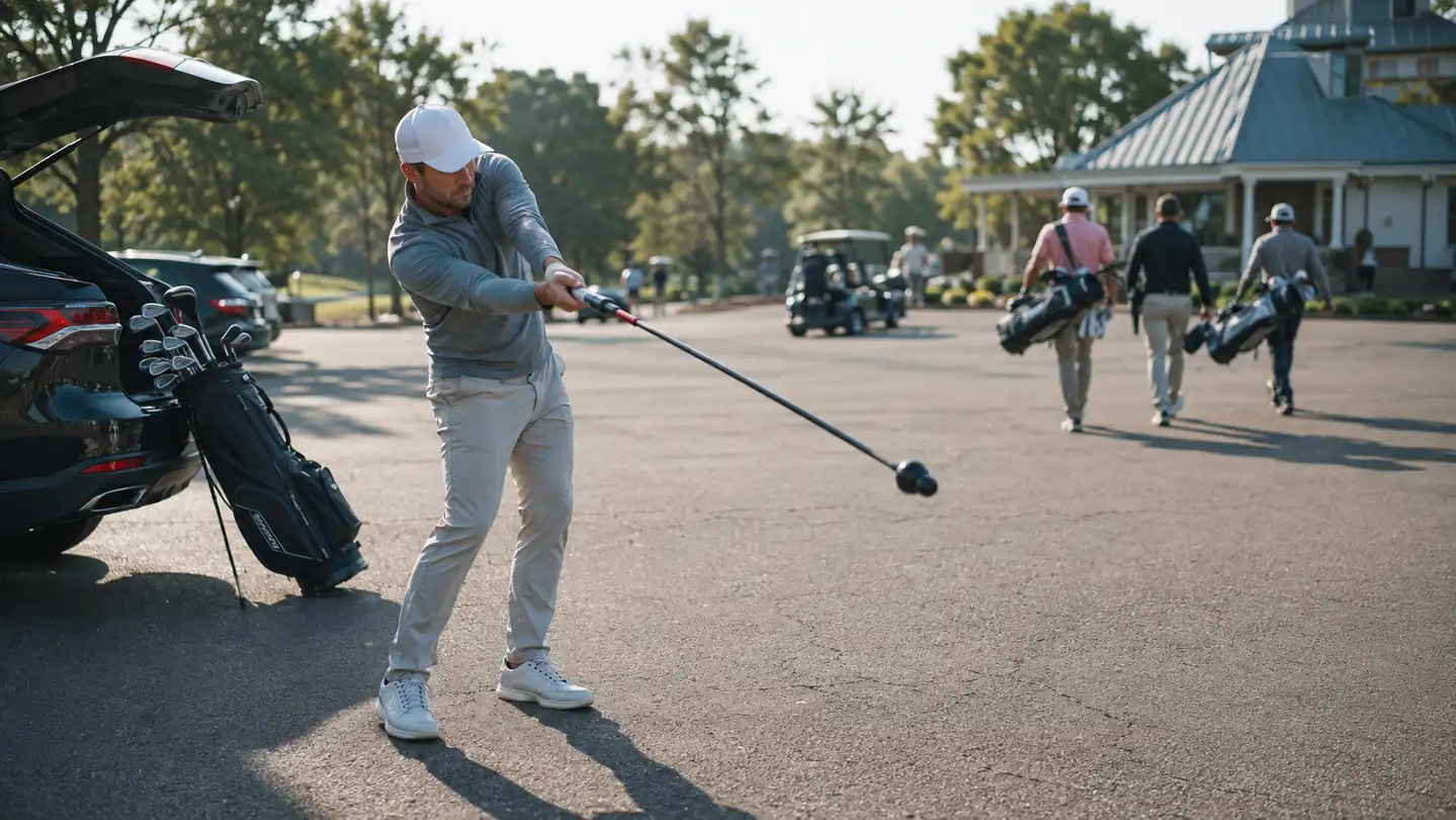 Golfer standing in a parking lot near the clubhouse swinging a training aid before tee time