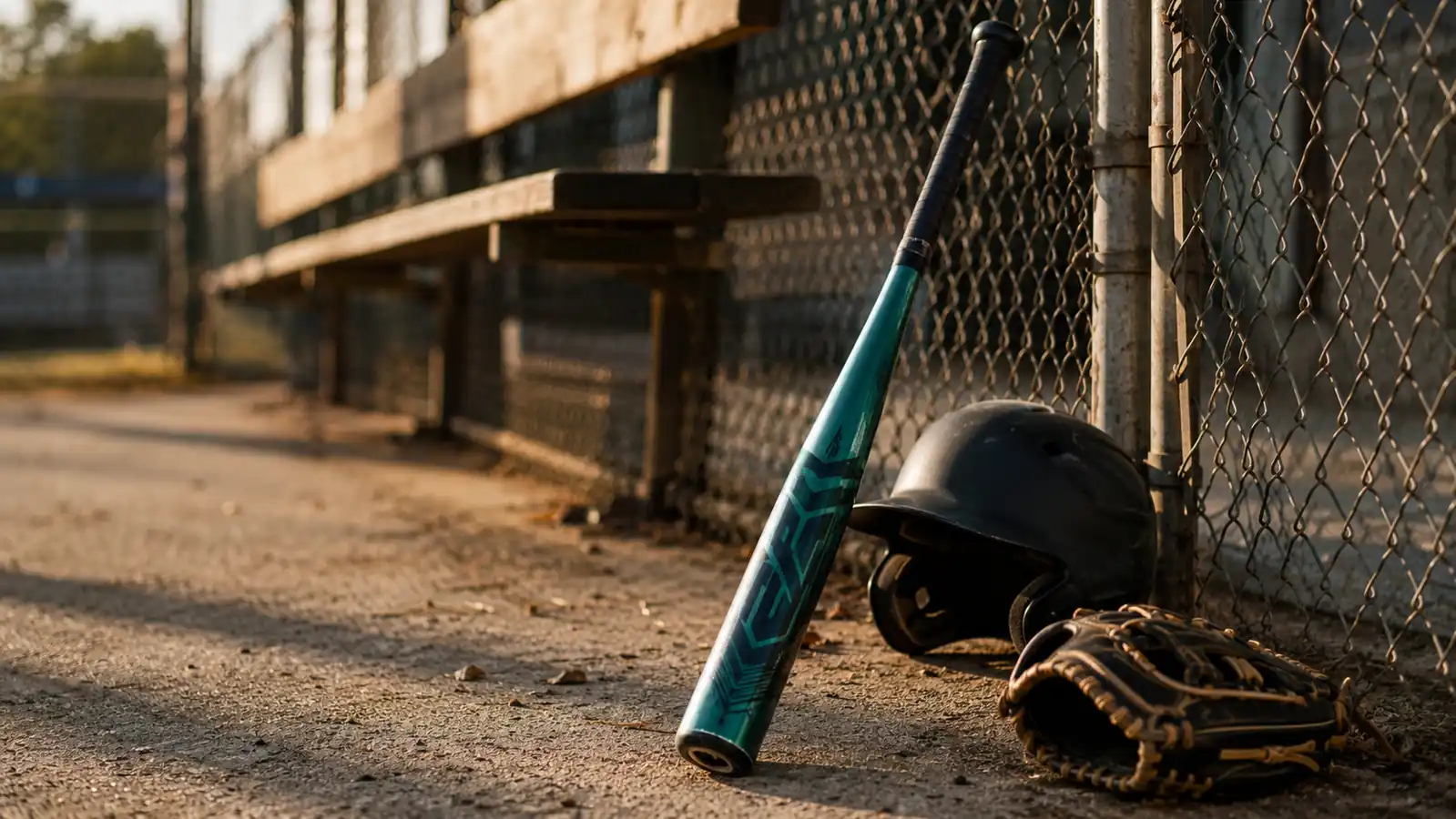 A BBCOR baseball bat leaning against a chain-link dugout fence next to a batting helmet and glove