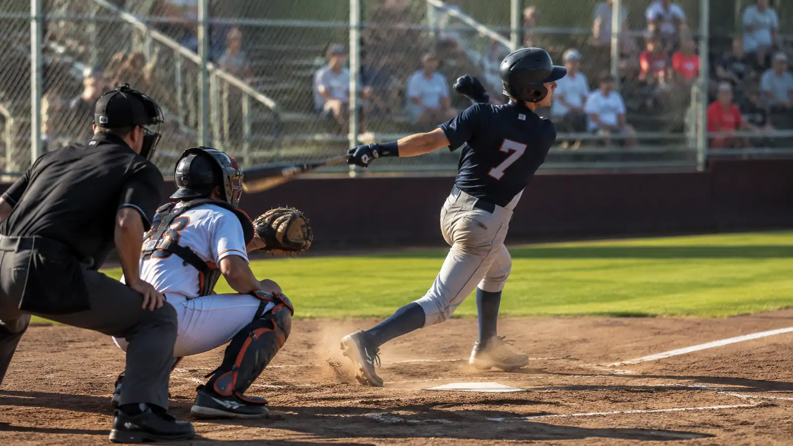 Teenage baseball player following through on a swing during a game with the Meta bat