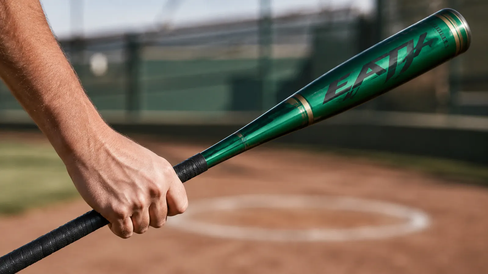 Close-up of a hand gripping the Louisville Slugger Meta bat handle before a swing