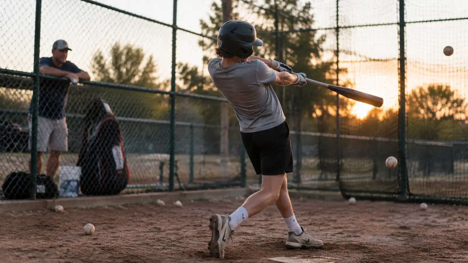 Youth baseball player mid-swing at a batting cage with a coach and parent watching from behind the fence