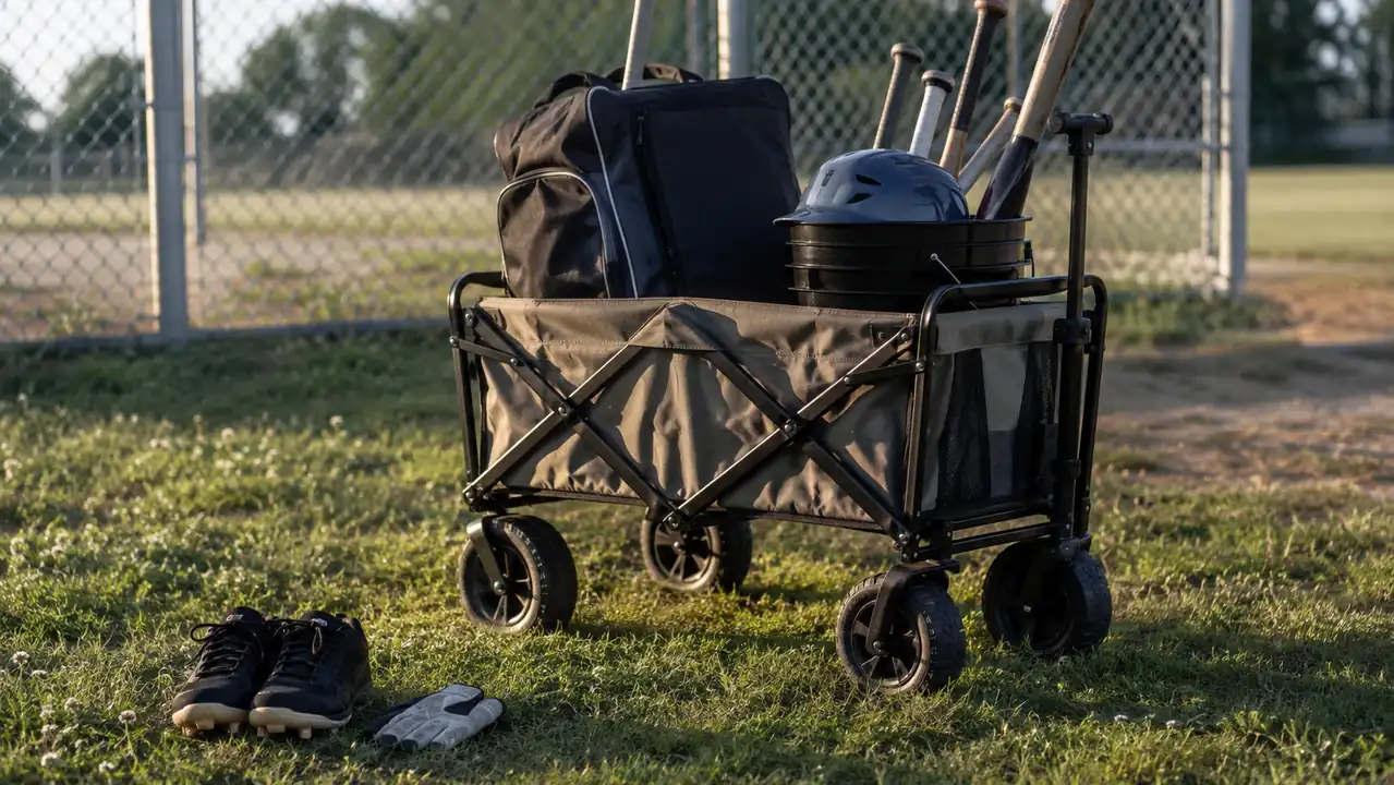 Bat bag and helmet bucket sitting in the bed of a folding wagon parked next to a chain link backstop