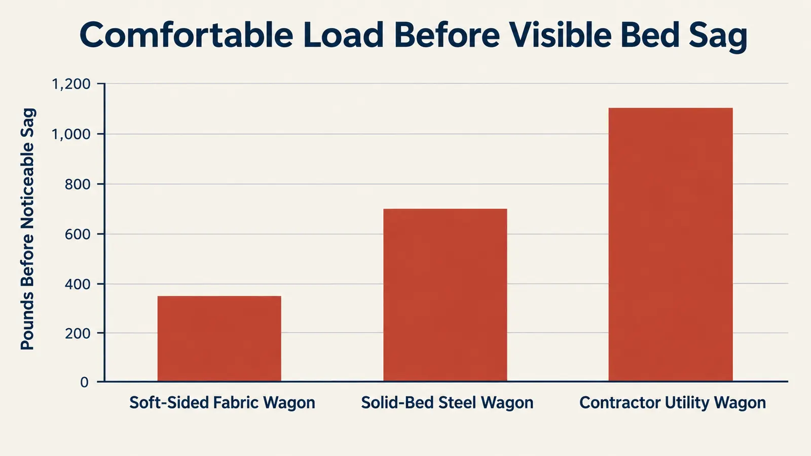 Bar chart comparing maximum comfortable load before bed sag across three wagon types
