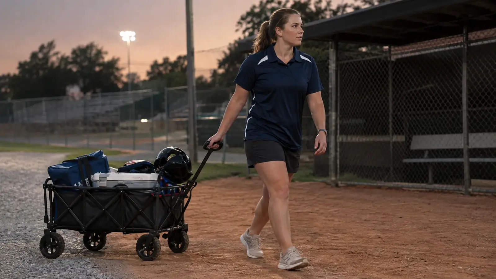 Coach pulling a loaded folding wagon across a dirt infield toward a dugout at dusk