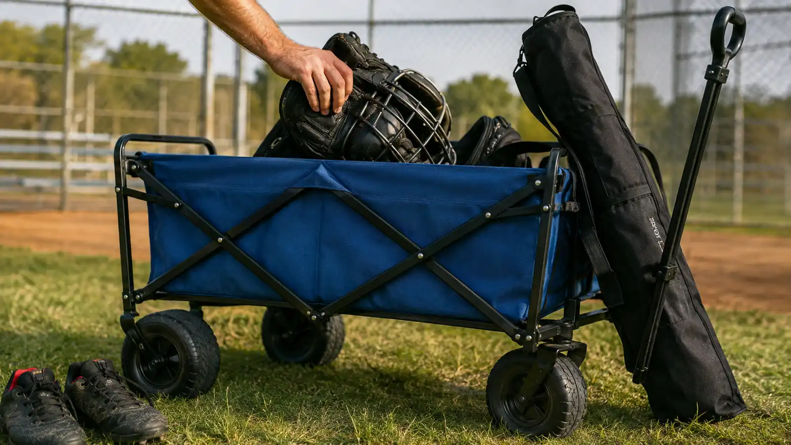 Hand loading a catcher's gear bag into a folding wagon bed next to a baseball bat bag