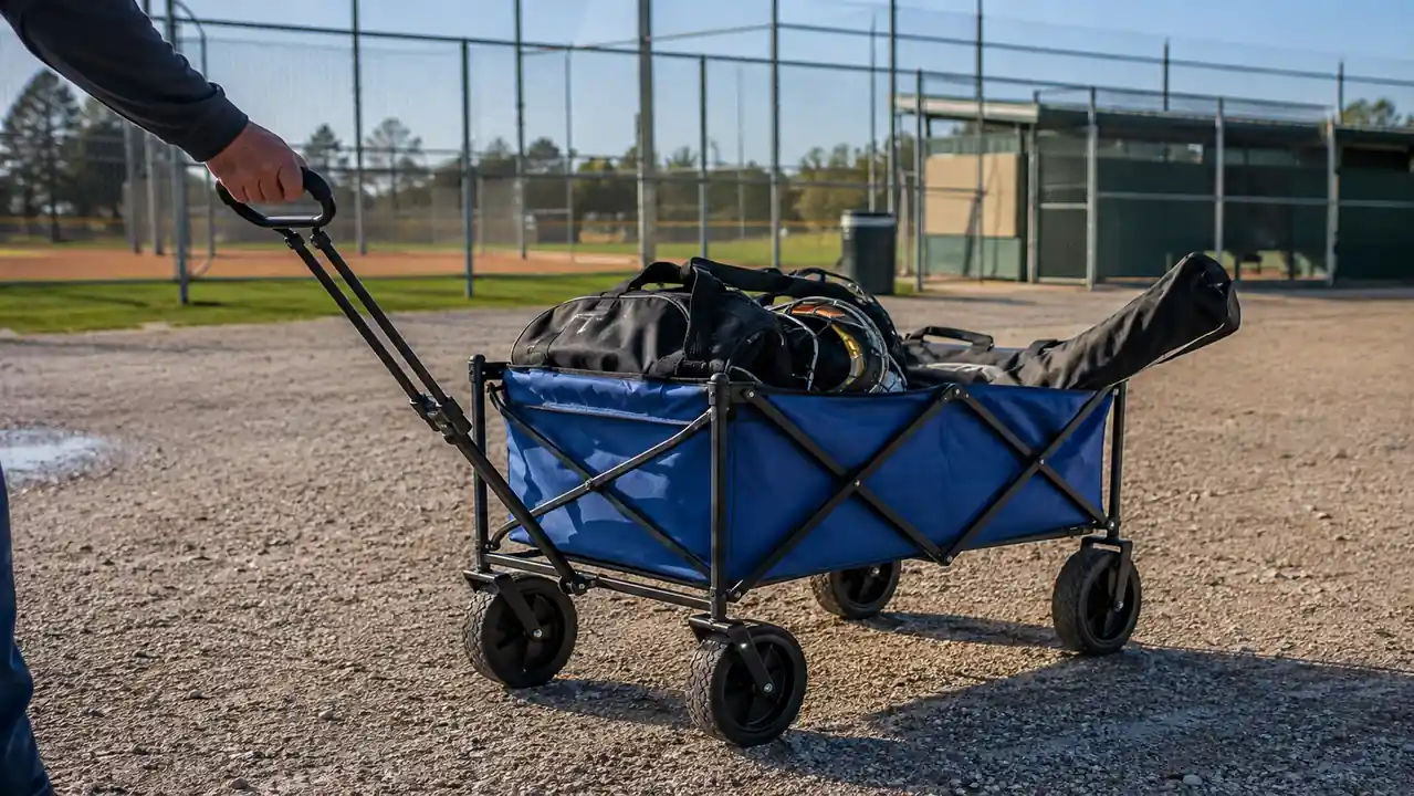 Hand pulling a loaded blue folding wagon across a gravel parking lot toward a baseball field backstop