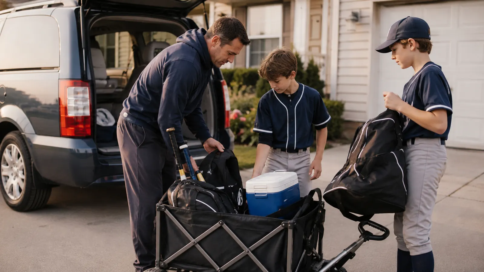 A father and two kids loading bat bags and a cooler into a folded wagon in a driveway before a tournament
