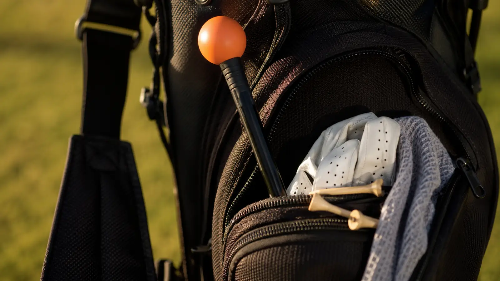 Close-up of an Orange Whip trainer tucked into the side pocket of a golf bag next to tees and a glove