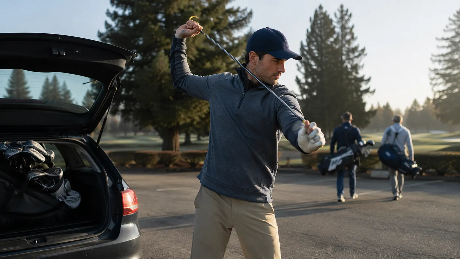 A golfer swinging a short flexible warmup stick in a parking lot next to an open car trunk before a round