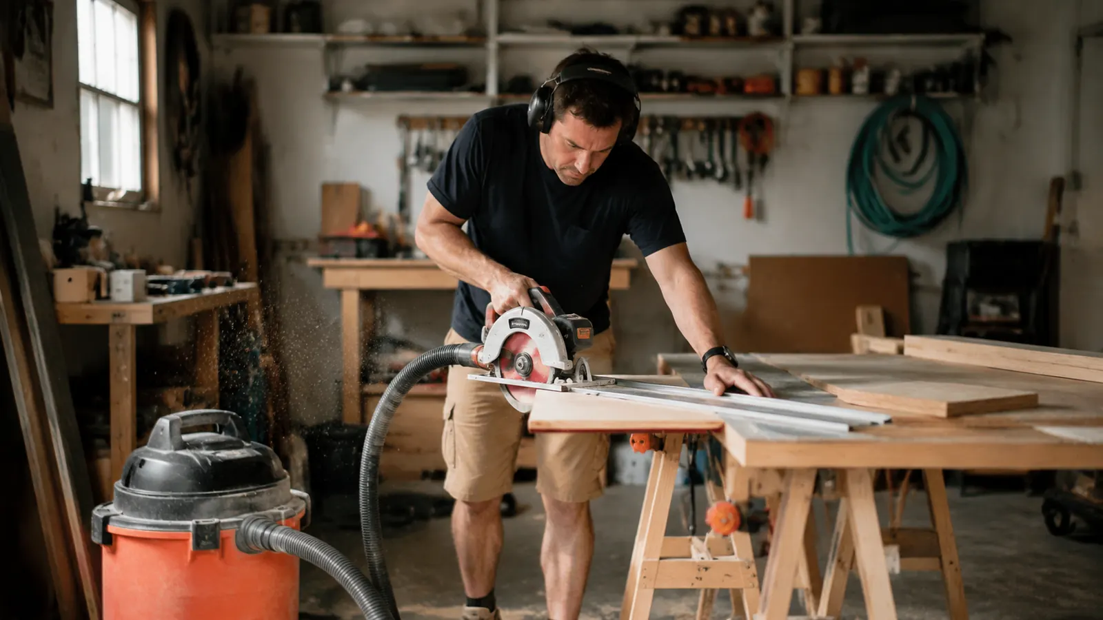Man wearing electronic earmuffs while running a shop vac and circular saw in a home garage workshop
