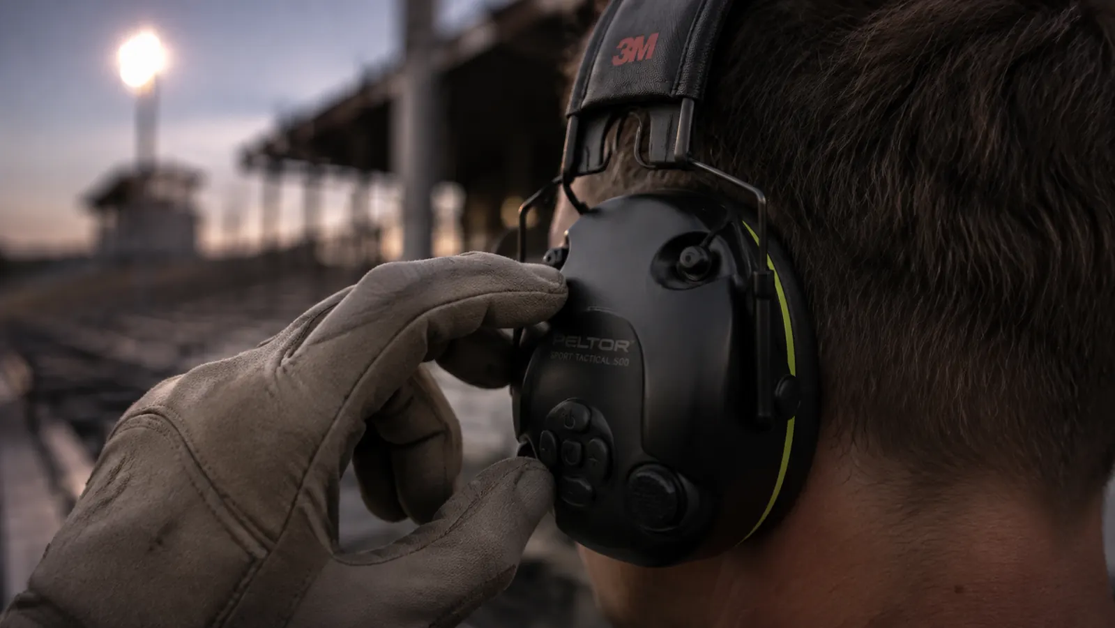 Close crop of a hand with a thin glove reaching for the buttons on the right earcup of a black electronic earmuff without looking, in low bleacher light