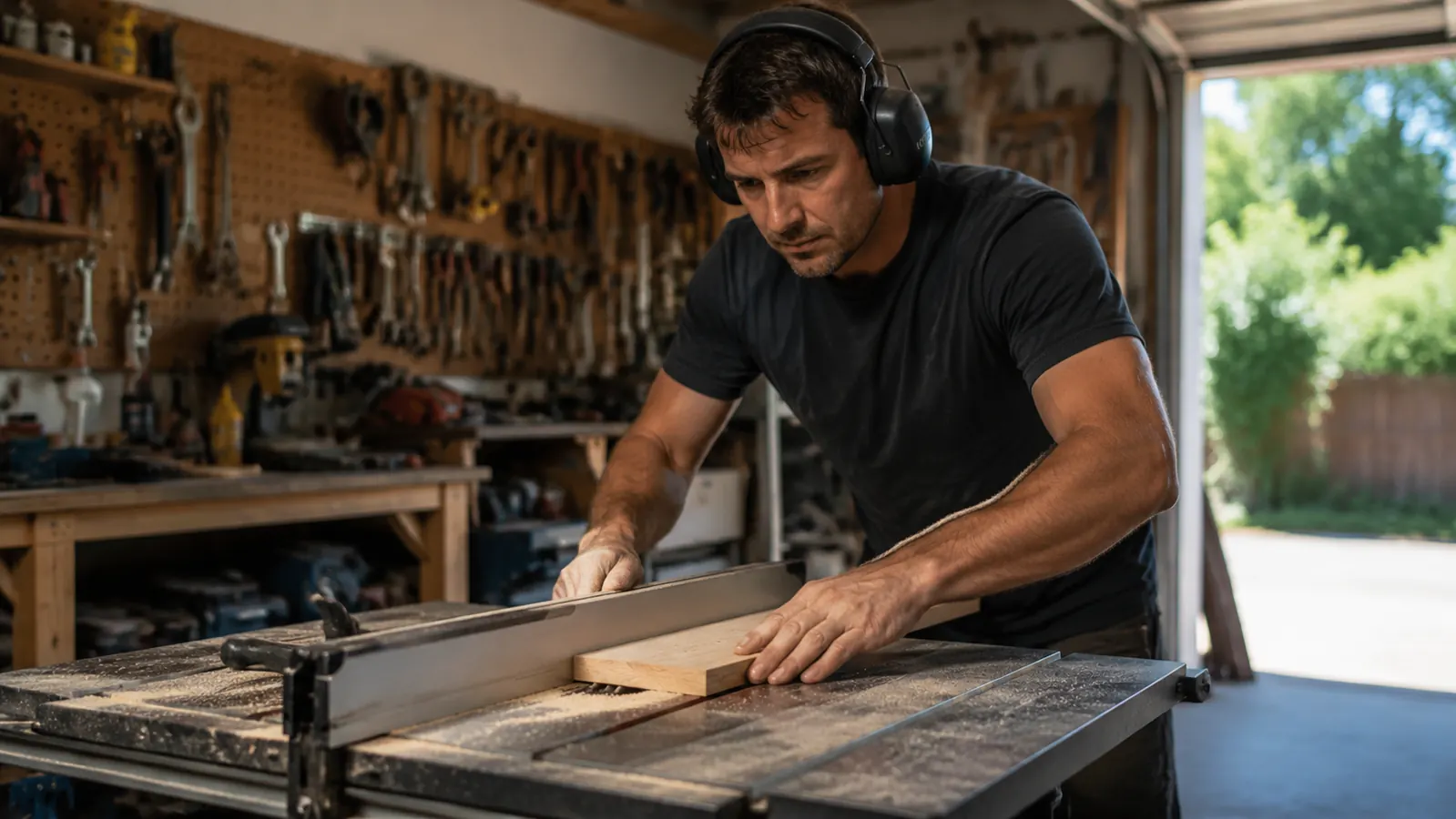 Man wearing black electronic earmuffs while running a table saw in a home garage workshop, sawdust visible on the workbench