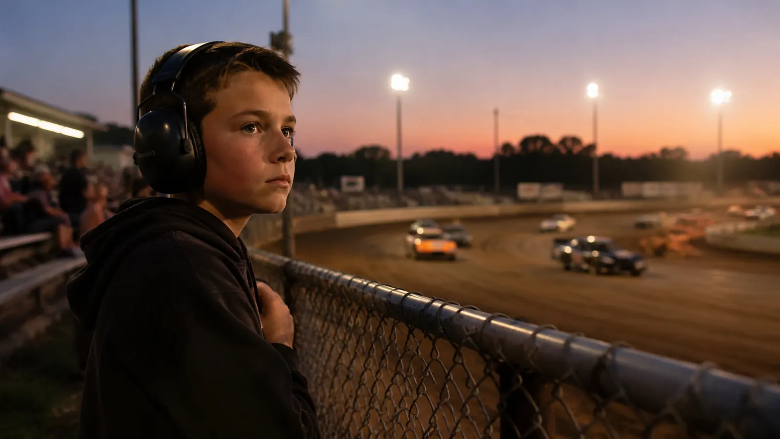 Boy wearing electronic earmuffs standing at a chain-link fence watching cars go by at a local short track at dusk