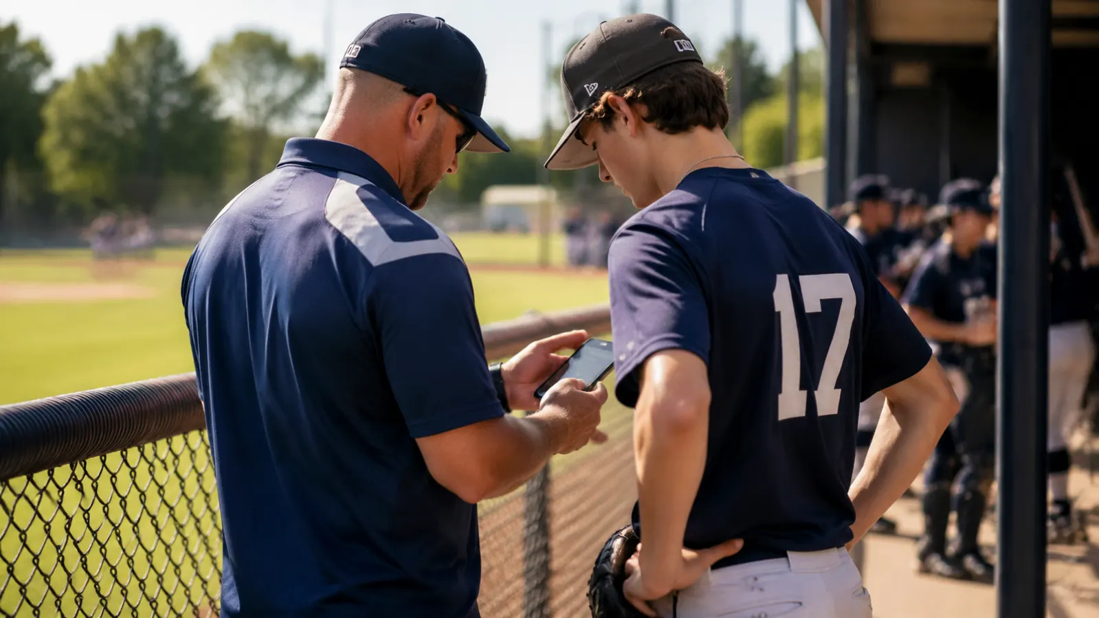 A teenage pitcher and a travel ball coach standing together looking at a phone screen near a dugout