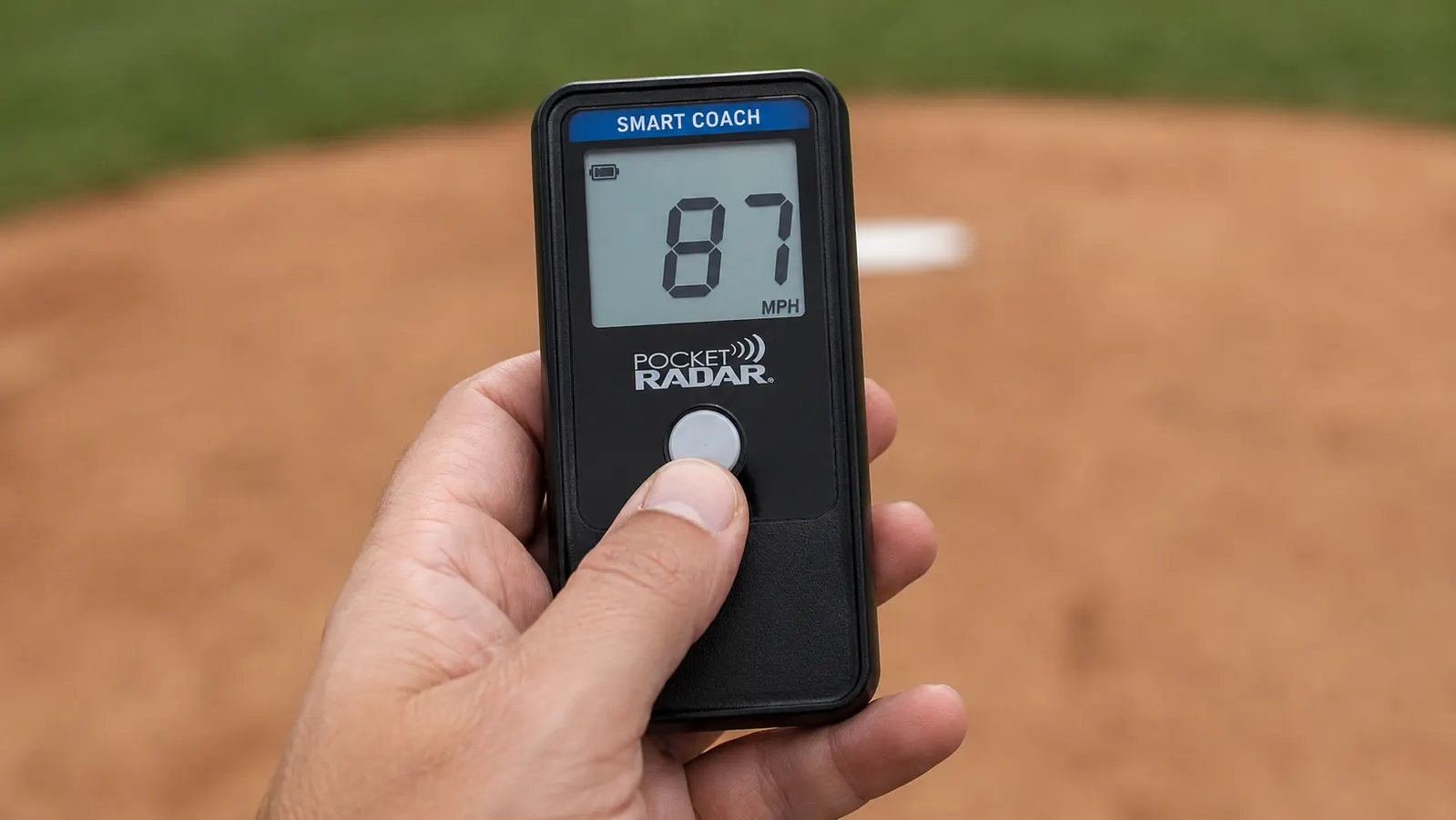 Close-up of a hand holding the Pocket Radar Smart Coach unit with a velocity reading visible on its small screen