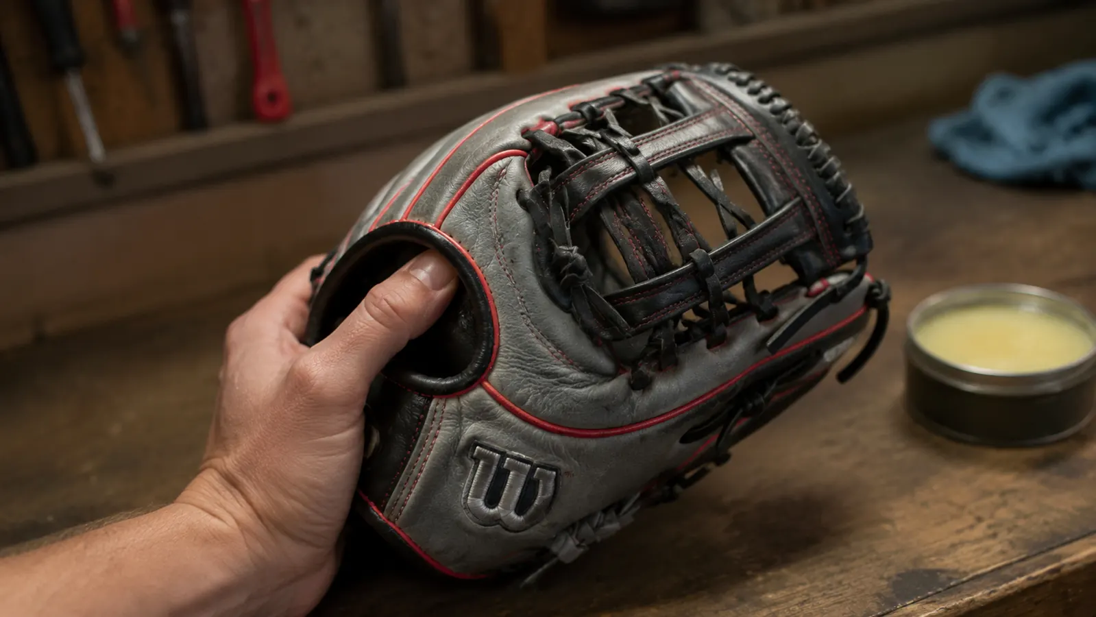 Close-up of a broken-in Wilson A2000 infield glove closed around a baseball
