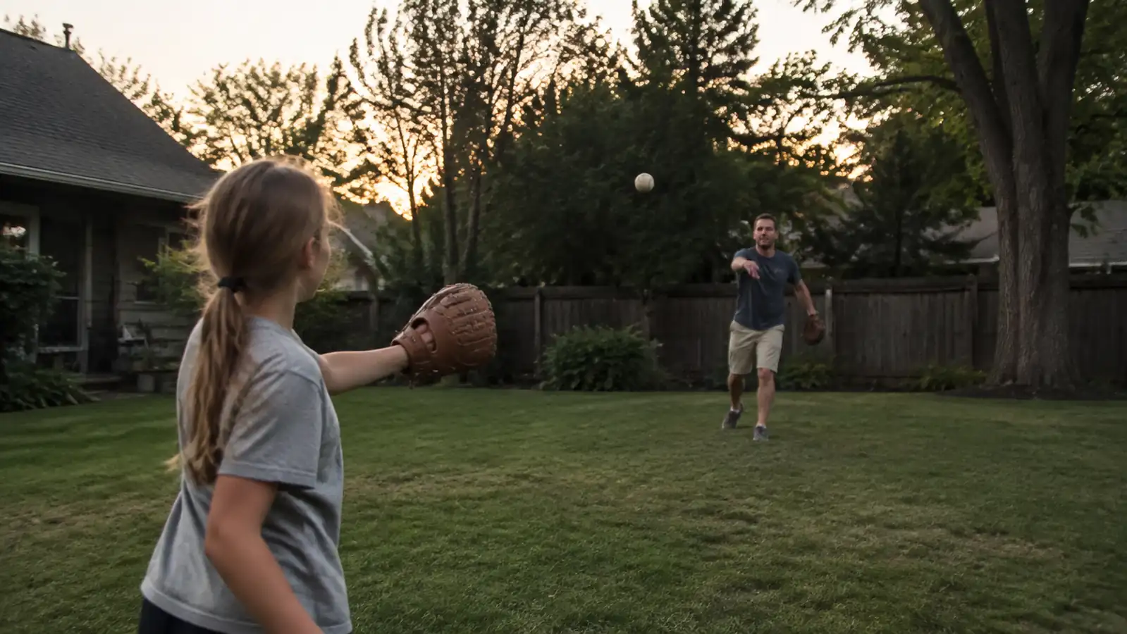 Father and daughter playing catch in a backyard at dusk with two baseball gloves